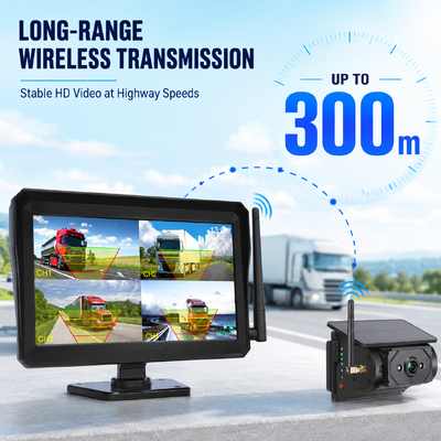 10.1 Inch 4CH Wireless Rear View Camera System Solar Magnetic Backup Camera Monitor for Truck Trailer RV Caravan